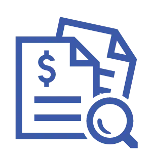 A blue line-art icon showing two utility bills; the front bill features a dollar sign and a magnifying glass, symbolizing a detailed financial audit or review.