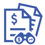 A blue line-art icon showing a stack of documents with a dollar sign, overlaid with binoculars that have a dollar sign and a trend line in the lenses symbolizing budget forecasting.