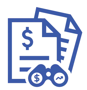 A blue line-art icon showing a stack of documents with a dollar sign, overlaid with binoculars that have a dollar sign and a trend line in the lenses symbolizing budget forecasting.