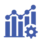 A blue line-art icon featuring three vertical bars of varying heights, a rising line graph with nodes, and a mechanical gear in the bottom right corner.