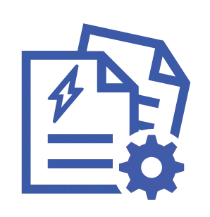 A blue icon showing two overlapping document sheets with horizontal lines, paired with a lightning bolt in the upper left corner and a gear in the bottom right corner to represent customizable report settings.