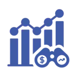 Blue line-art icon of a bar chart with a trend line and a dollar sign, representing financial data and budget forecasting.