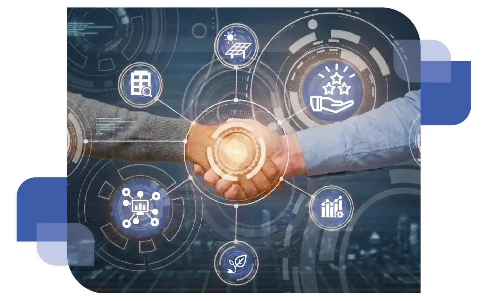 A conceptual digital montage representing energy management, featuring a glowing central hub connected to various icons including a lightbulb, a factory, a residential house, and data transmission symbols, all set against a dark blue technological background