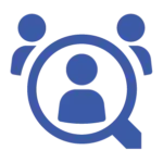 Blue line-art icon of three stylized people figures grouped together with a magnifying glass held over them, representing customer segment analysis.