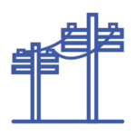 Blue line-art icon of two utility poles connected by power lines, representing electrical grid infrastructure.